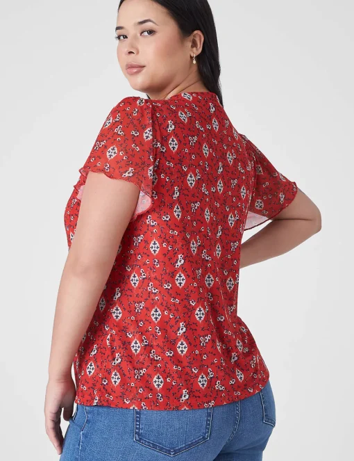 The Tee Shop^Lane Bryant Flutter-Sleeve V-Neck Mesh Tee Red Floral