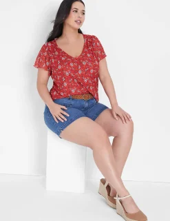 The Tee Shop^Lane Bryant Flutter-Sleeve V-Neck Mesh Tee Red Floral