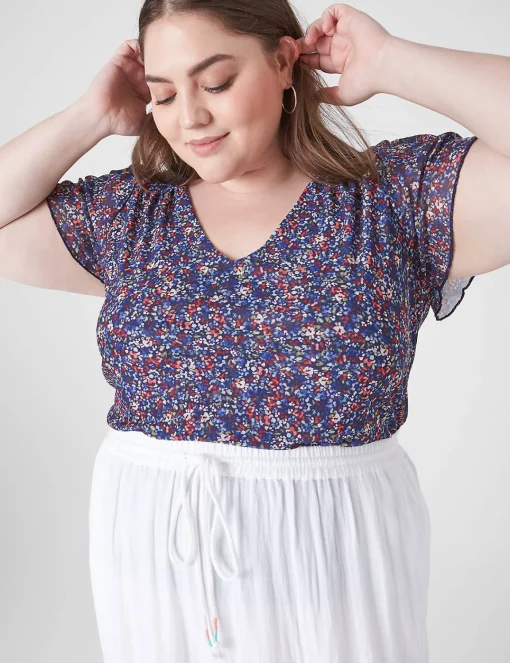 The Tee Shop^Lane Bryant Flutter-Sleeve V-Neck Mesh Tee Mia Floral