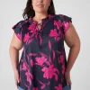 Knit Tops^Lane Bryant Flutter-Sleeve Woven Satin & Knit Top Navy & Fuchsia Floral
