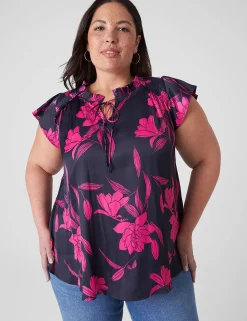 Knit Tops^Lane Bryant Flutter-Sleeve Woven Satin & Knit Top Navy & Fuchsia Floral