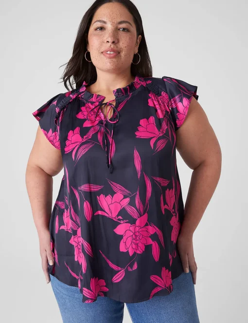 Knit Tops^Lane Bryant Flutter-Sleeve Woven Satin & Knit Top Navy & Fuchsia Floral
