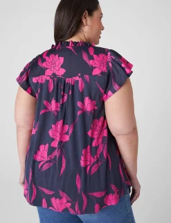 Knit Tops^Lane Bryant Flutter-Sleeve Woven Satin & Knit Top Navy & Fuchsia Floral