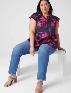 Knit Tops^Lane Bryant Flutter-Sleeve Woven Satin & Knit Top Navy & Fuchsia Floral