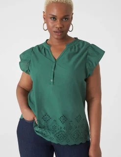 Knit Tops^Lane Bryant Flutter-Sleeve Woven-Front Knit Top Hunter Green