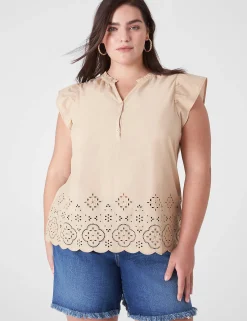 Knit Tops^Lane Bryant Flutter-Sleeve Woven-Front Knit Top Ginger Root