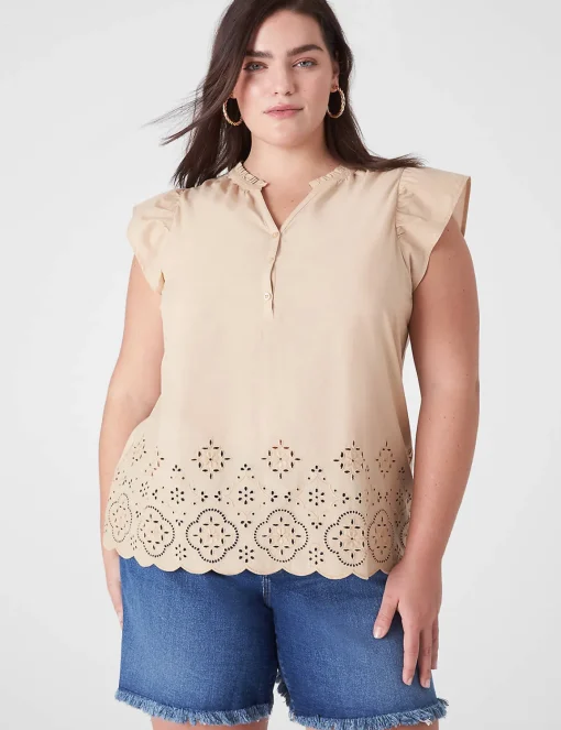 Knit Tops^Lane Bryant Flutter-Sleeve Woven-Front Knit Top Ginger Root