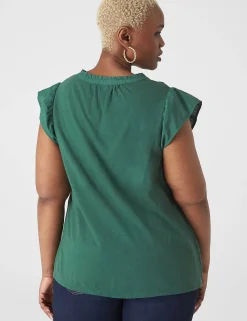 Knit Tops^Lane Bryant Flutter-Sleeve Woven-Front Knit Top Hunter Green