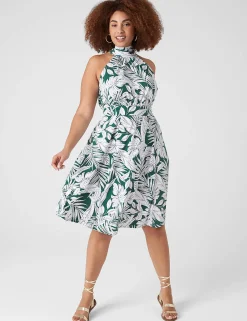 Date Night^Lane Bryant Halter Tie-Neck A-Line Dress Maui Leaves
