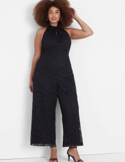 Occasion^Lane Bryant Knot Halter-Neck Lace Jumpsuit Black