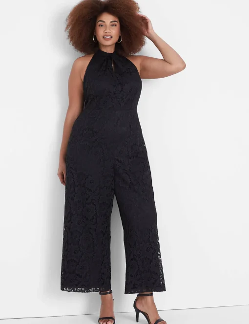 Occasion^Lane Bryant Knot Halter-Neck Lace Jumpsuit Black