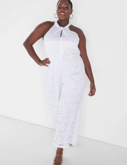 Occasion^Lane Bryant Knot Halter-Neck Lace Jumpsuit White