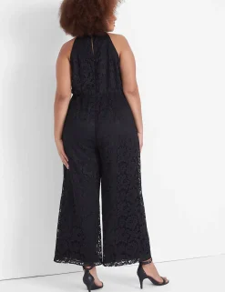 Occasion^Lane Bryant Knot Halter-Neck Lace Jumpsuit Black