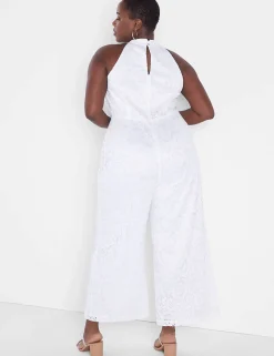 Occasion^Lane Bryant Knot Halter-Neck Lace Jumpsuit White