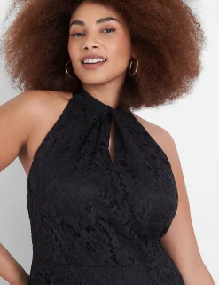 Occasion^Lane Bryant Knot Halter-Neck Lace Jumpsuit Black
