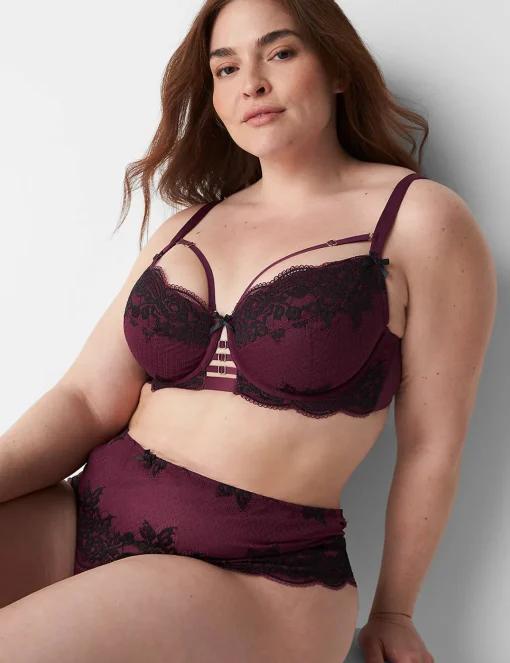Sexy Bras^Lane Bryant Lace Unlined Curvy Balconette Bra Grape Wine
