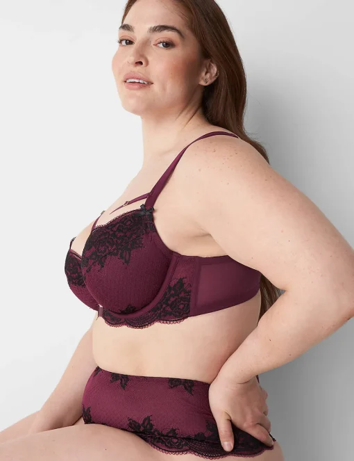 Sexy Bras^Lane Bryant Lace Unlined Curvy Balconette Bra Grape Wine
