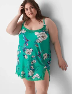 Chemises^Lane Bryant Lace-Trim Slip Peony Floral Deep Green