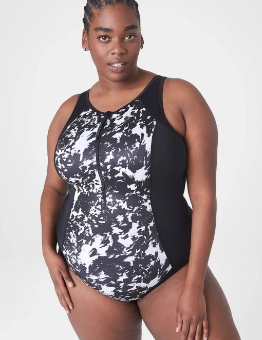 Swim One Piece^Lane Bryant Livi Swim No-Wire Front-Zip One-Piece Black & White