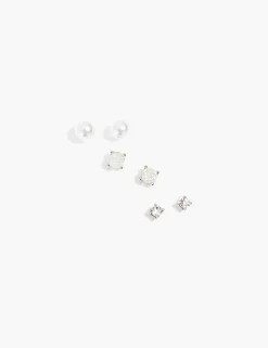Earrings^Lane Bryant Mixed Stud 3 Pk Earrings:Silver:Onesz Silvertone
