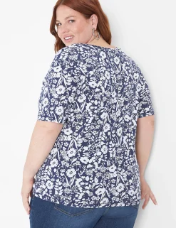 Knit Tops^Lane Bryant Modern Perfect Sleeve V-Neck Tee Navy Floral