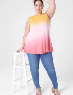 Knit Tops^Lane Bryant Modern Slub Swing High-Neck Straight-Hem Tunic Coral Tie Dye