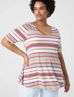 Knit Tops^Lane Bryant Modern Swing Perfect Sleeve Ruched-Shoulder Tee Tent Stripe