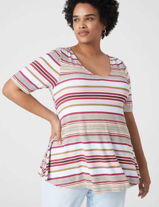 Knit Tops^Lane Bryant Modern Swing Perfect Sleeve Ruched-Shoulder Tee Tent Stripe