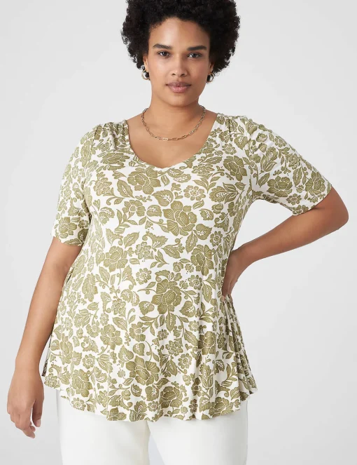 Knit Tops^Lane Bryant Modern Swing Perfect Sleeve Ruched-Shoulder Tee Arya Floral