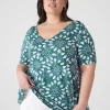 Knit Tops^Lane Bryant Modern Swing Perfect Sleeve Ruched-Shoulder Tee Green Shibori