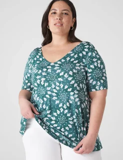 Knit Tops^Lane Bryant Modern Swing Perfect Sleeve Ruched-Shoulder Tee Green Shibori