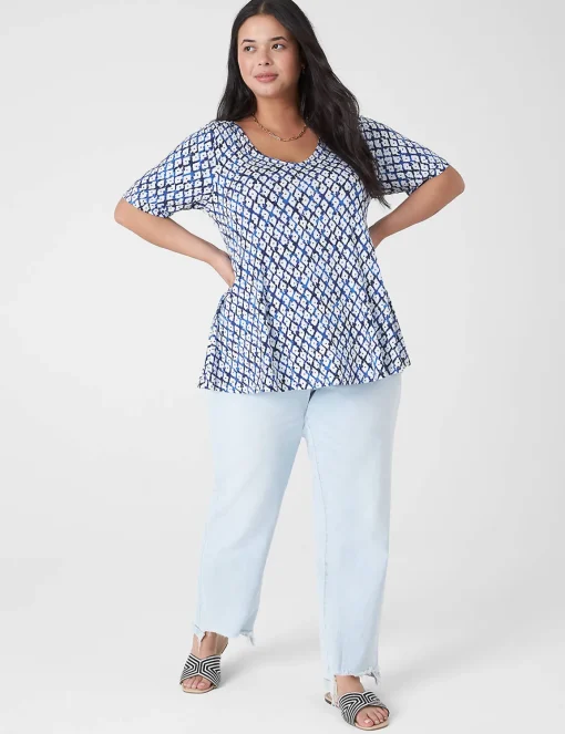 Knit Tops^Lane Bryant Modern Swing Perfect Sleeve Ruched-Shoulder Tee Shibori Diamond