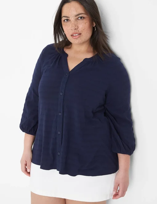 Knit Tops^Lane Bryant Notch-Neck Button-Front Top Maritime Blue