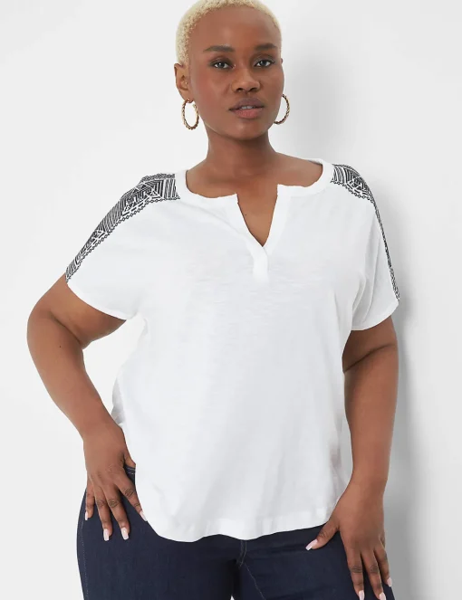 Knit Tops^Lane Bryant Notch-Neck Embroidered-Shoulder Tee White