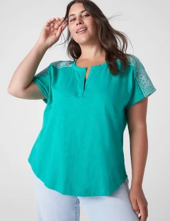 Knit Tops^Lane Bryant Notch-Neck Embroidered-Shoulder Tee Deep Green