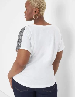 Knit Tops^Lane Bryant Notch-Neck Embroidered-Shoulder Tee White