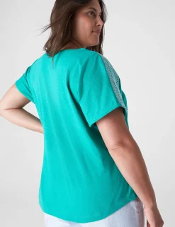 Knit Tops^Lane Bryant Notch-Neck Embroidered-Shoulder Tee Deep Green