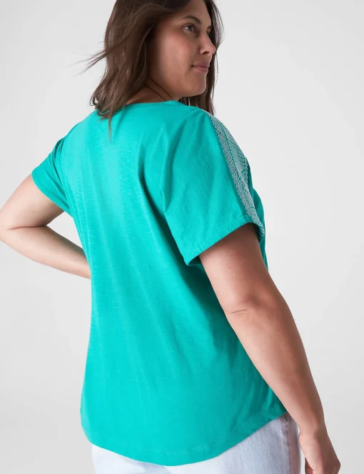 Knit Tops^Lane Bryant Notch-Neck Embroidered-Shoulder Tee Deep Green