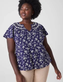 Knit Tops^Lane Bryant Notch-Neck Shirred-Yoke Top Mini Bouquet