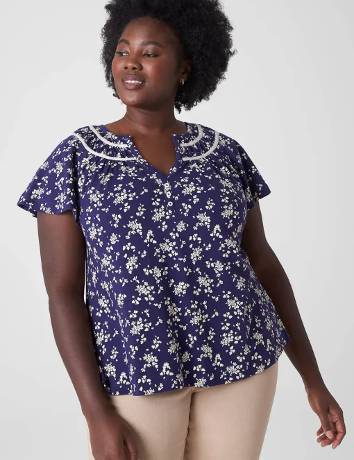 Knit Tops^Lane Bryant Notch-Neck Shirred-Yoke Top Mini Bouquet