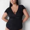 Swim One Piece^Lane Bryant No-Wire Flutter-Sleeve Swim One-Piece Black