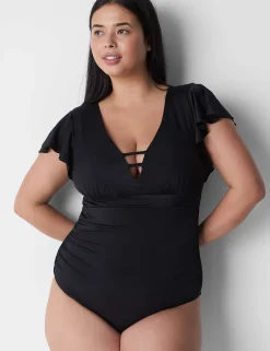 Swim One Piece^Lane Bryant No-Wire Flutter-Sleeve Swim One-Piece Black