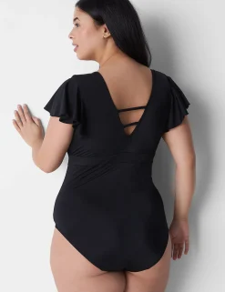 Swim One Piece^Lane Bryant No-Wire Flutter-Sleeve Swim One-Piece Black