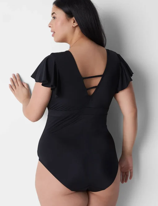 Swim One Piece^Lane Bryant No-Wire Flutter-Sleeve Swim One-Piece Black