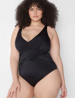 Swim One Piece^Lane Bryant No-Wire Pleated Swim One-Piece Black