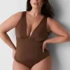 Swim One Piece^Lane Bryant No-Wire Plunge-Neck High-Leg Swim One-Piece Fondue Fudge