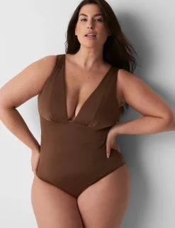 Swim One Piece^Lane Bryant No-Wire Plunge-Neck High-Leg Swim One-Piece Fondue Fudge