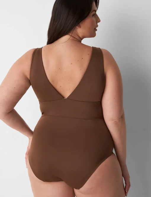 Swim One Piece^Lane Bryant No-Wire Plunge-Neck High-Leg Swim One-Piece Fondue Fudge