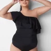 Swim One Piece^Lane Bryant No-Wire Ruffle One-Shoulder Swim One-Piece Black
