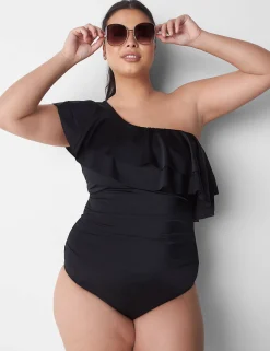 Swim One Piece^Lane Bryant No-Wire Ruffle One-Shoulder Swim One-Piece Black